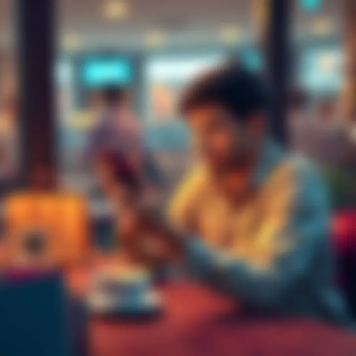 A person sitting at a table looking frustrated while checking a cryptocurrency app on their phone, surrounded by coffee and shopping bags.