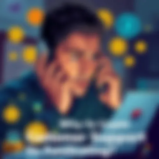 A person looking frustrated while talking on the phone, surrounded by crypto-related icons and documents, showing the struggle with customer support