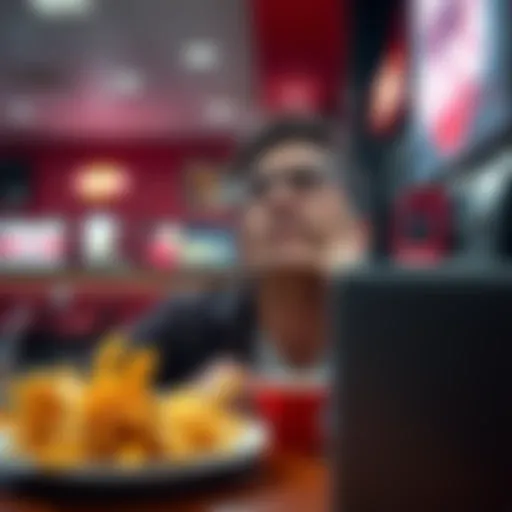 Frustrated diner in fast food restaurant A diner looks frustrated while sitting at a fast food restaurant table, with a plate of cold fries in front of them and a router in the background.