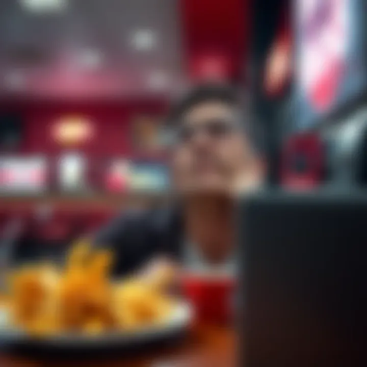 Frustrated diner in fast food restaurant A diner looks frustrated while sitting at a fast food restaurant table, with a plate of cold fries in front of them and a router in the background.