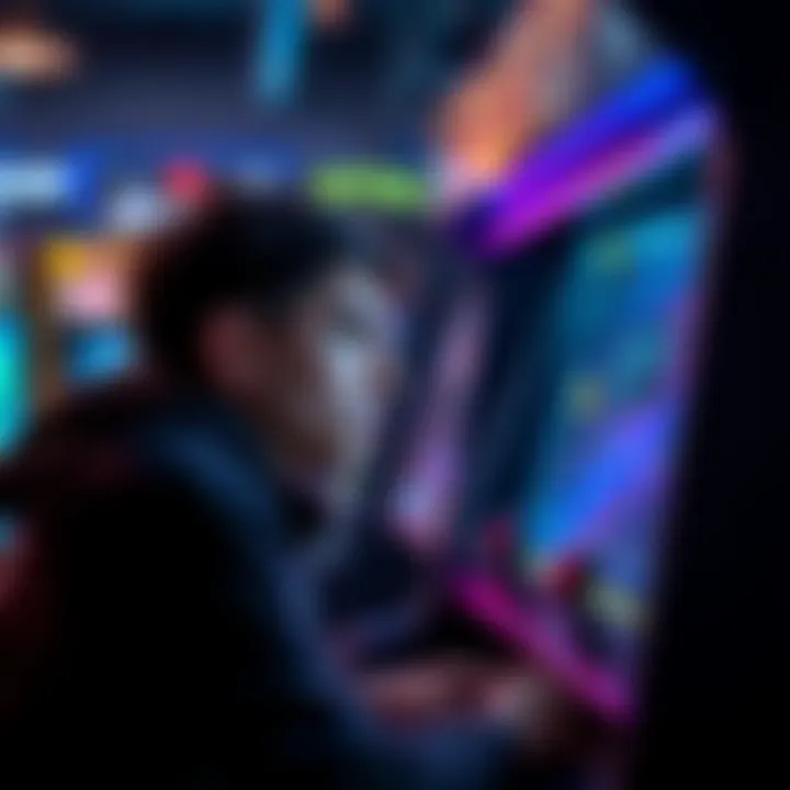 A gamer looks disappointed at a malfunctioning arcade game with error messages on the screen.
