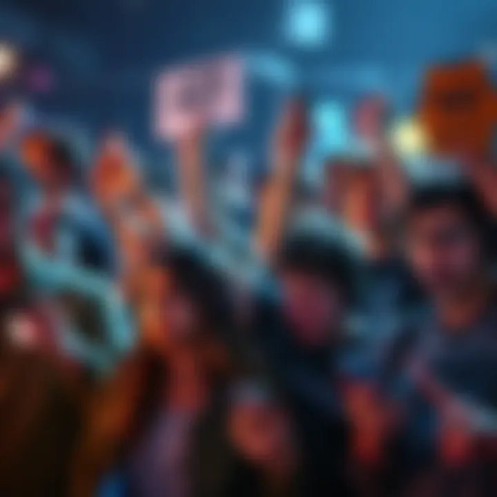 A group of players expressing anger over a game update, showing signs of frustration with their devices and social media.