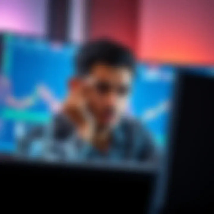 An upset investor looking at a computer screen displaying falling Bitcoin prices, showing signs of frustration and disappointment.