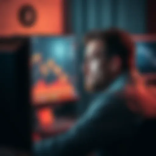 A worried investor stares at a computer screen showing a declining Bitcoin chart, symbolizing financial loss and uncertainty.