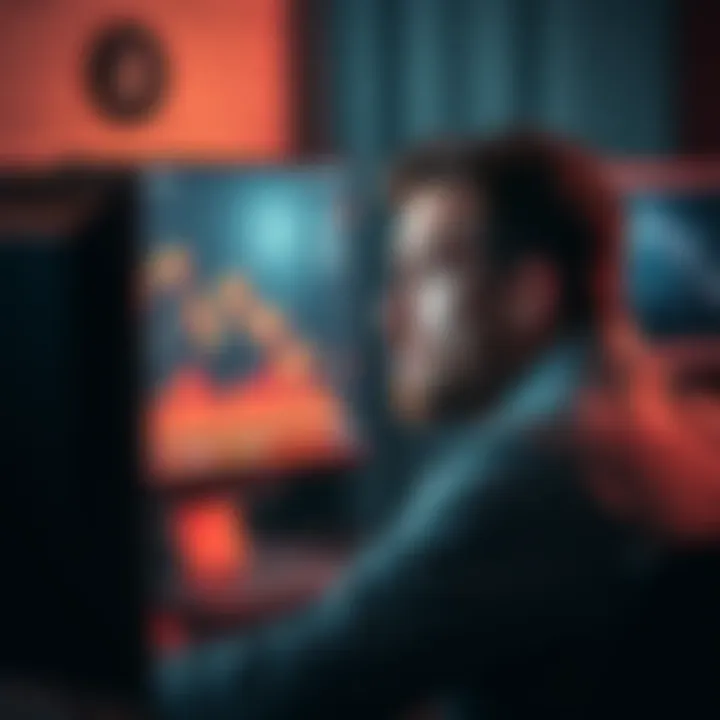 A worried investor stares at a computer screen showing a declining Bitcoin chart, symbolizing financial loss and uncertainty.