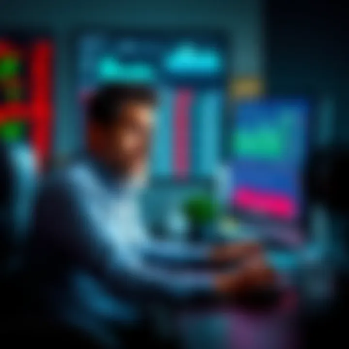 A frustrated investor sitting at a computer with charts and stock information on the screen, looking worried about selling stocks.