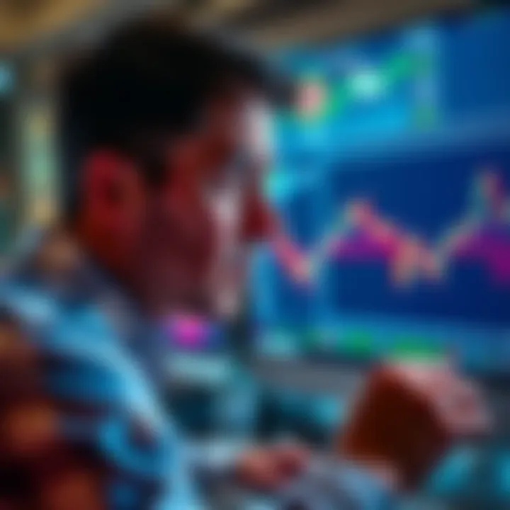 A worried person gazes at a computer screen displaying falling cryptocurrency prices, showing their disappointment in the market.