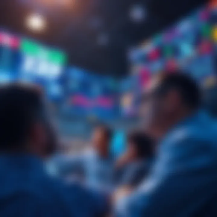 Group of frustrated investors staring at financial screens showing XRP's low price