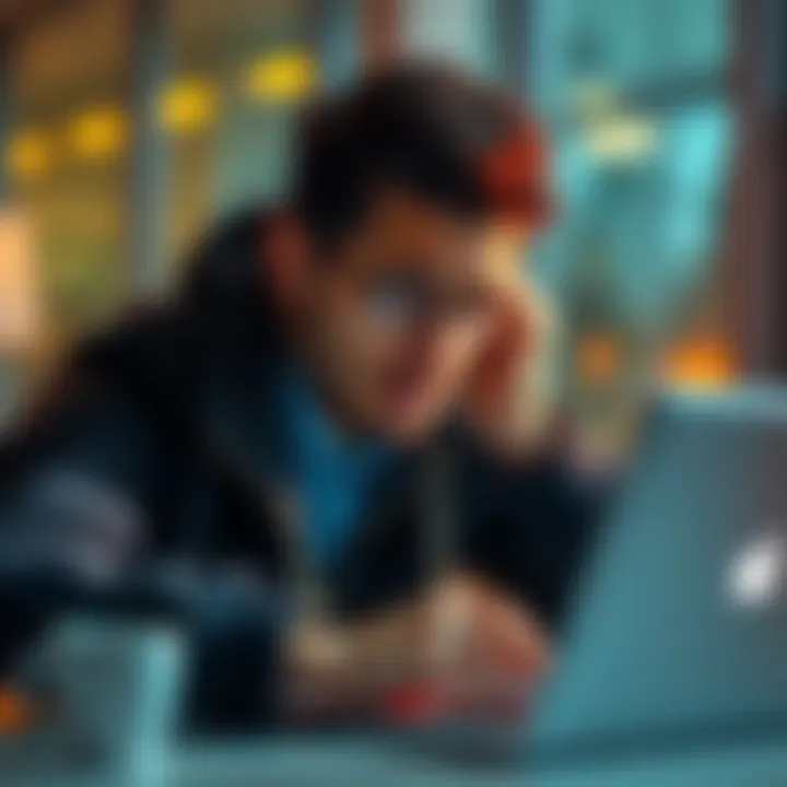 A man looking frustrated while using a laptop, symbolizing the struggle of losing access to digital assets while traveling