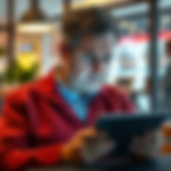 Frustrated man facing survey app issues A middle-aged white male looking frustrated while using a survey application on a tablet, showing signs of disappointment.