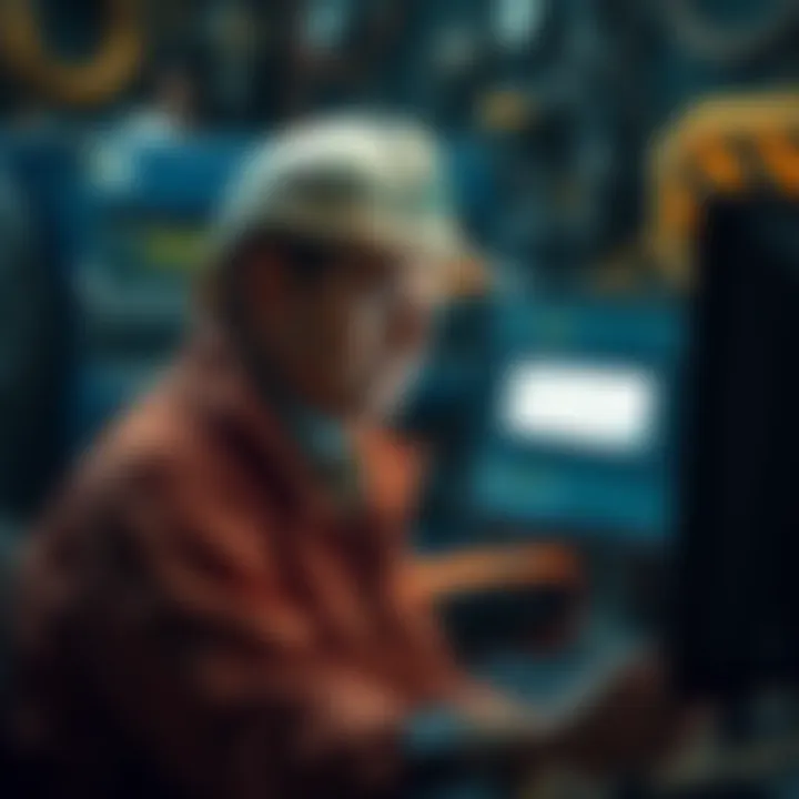 A miner with a concerned expression, staring at a computer screen displaying an error message about migration, surrounded by mining tools and equipment.