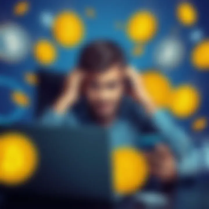 A person looking stressed while using a laptop and smartphone, surrounded by Bitcoin logos and payment icons, indicating issues with purchasing Bitcoin for small purchases