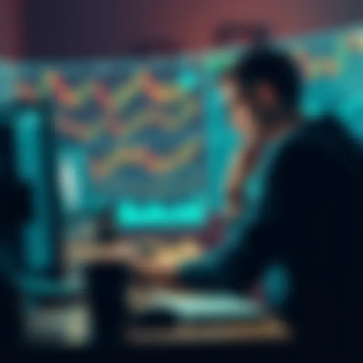 Frustrated person looking at computer A person sitting at a desk, looking frustrated while trying to buy Monero online, surrounded by charts and graphs related to cryptocurrency trading.