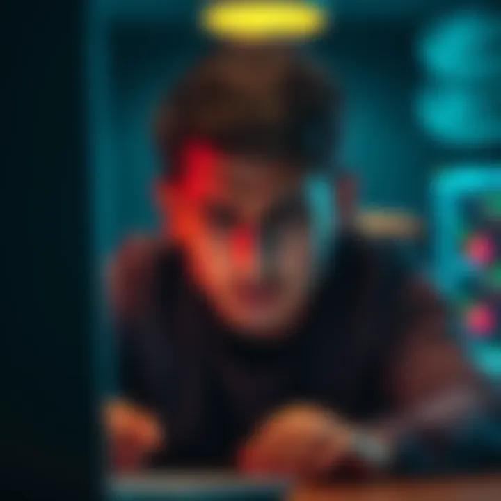 A person with a distressed expression staring at a computer, showing disappointment after discovering stolen digital coins.