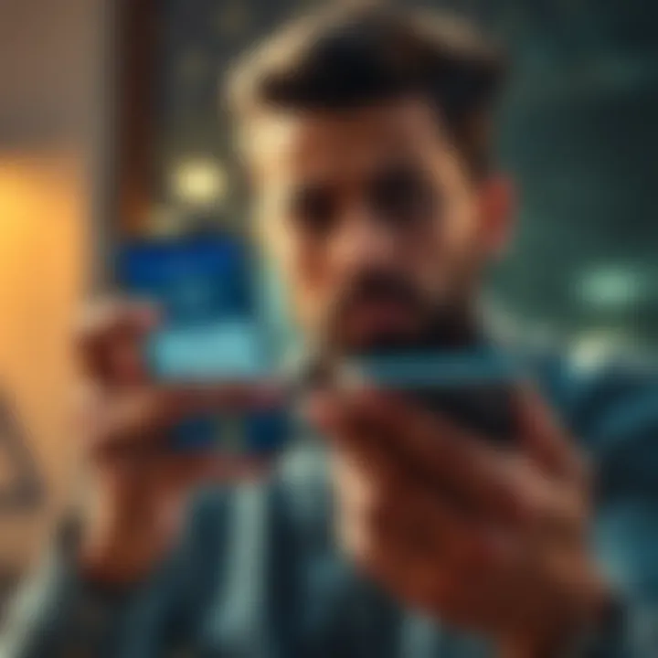 A person looking frustrated while holding a smartphone displaying a cryptocurrency app, showing KYC prompts