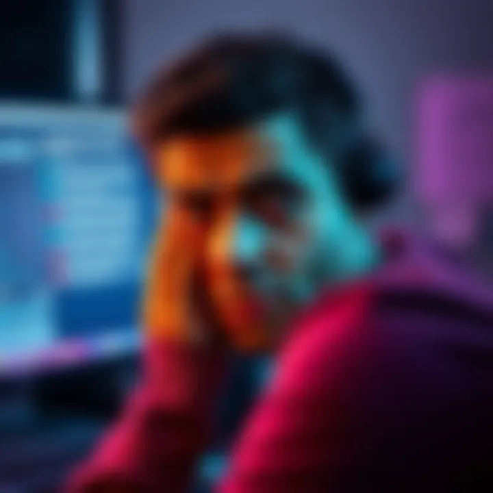 A person looks frustrated while staring at a computer screen displaying unexpected survey questions.