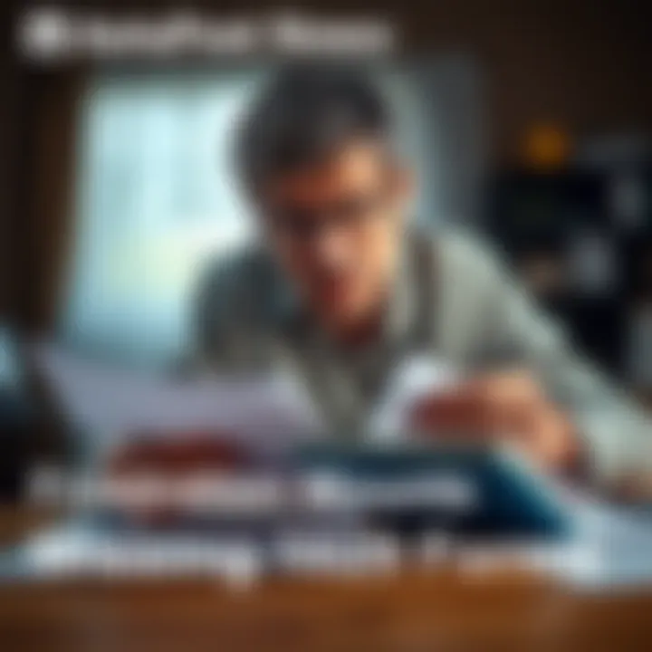 A worried individual checking their mail for missing tax documents, with crumpled paper and a calculator on the table