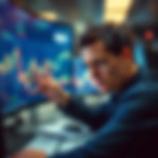 A trader looking stressed while analyzing fluctuating market charts on a computer screen, illustrating the chaos in trading.