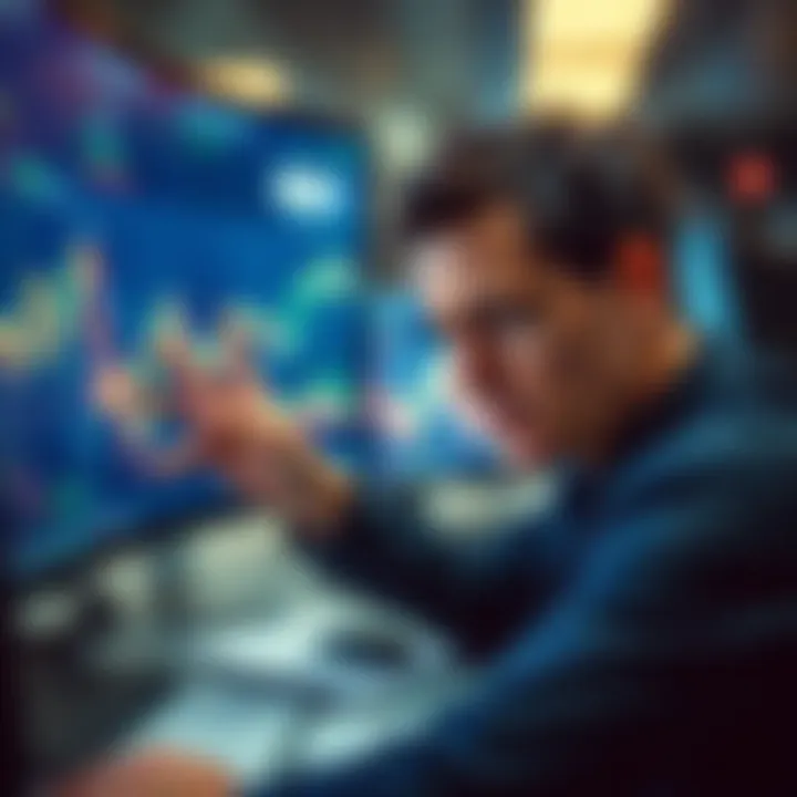 Frustrated Trader with Charts A trader looking stressed while analyzing fluctuating market charts on a computer screen, illustrating the chaos in trading.