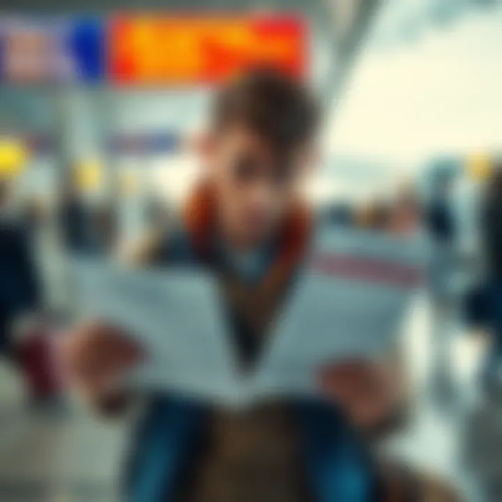 A disappointed traveler holding a rejected insurance claim form at an airport, looking frustrated and confused.