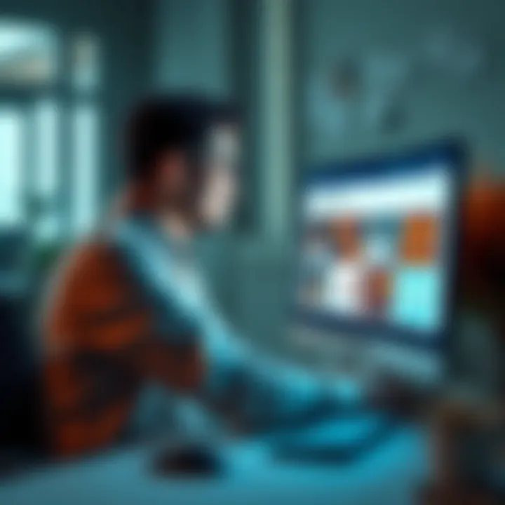 A frustrated person sitting at a desk with a computer, displaying a website about profession selection. They have their head in their hand, showing distress over their career choice.