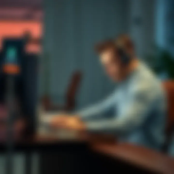 Frustrated user contacting customer support User sitting at a desk, looking upset while trying to reach out to customer support on a laptop, with Revolut app open on the screen