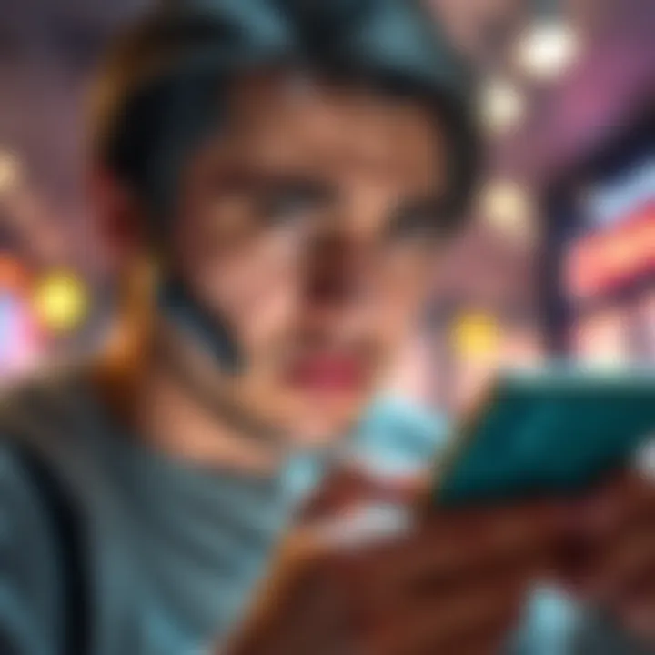 A person looking at their phone with a worried expression, showing frustration over a flagged transfer in a financial app