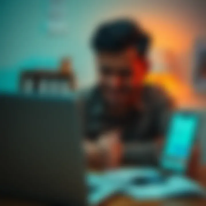 A distressed individual sitting at a desk with a laptop, their face showing signs of frustration and confusion, surrounded by financial documents and a mobile phone displaying the Revolut app.