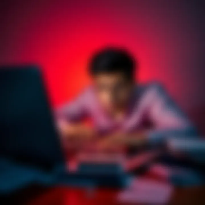 A person looking frustrated at their laptop screen, with payment documents scattered around
