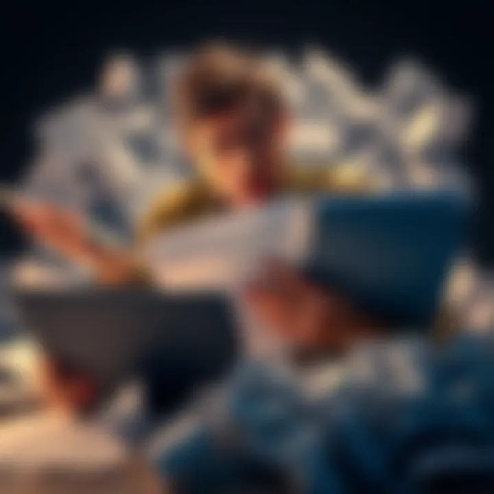 A person looking upset while holding tax documents and a laptop, surrounded by crumpled papers