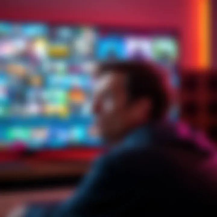 Frustrated viewer watching long ads A person looking annoyed while watching a TV screen filled with lengthy advertisements