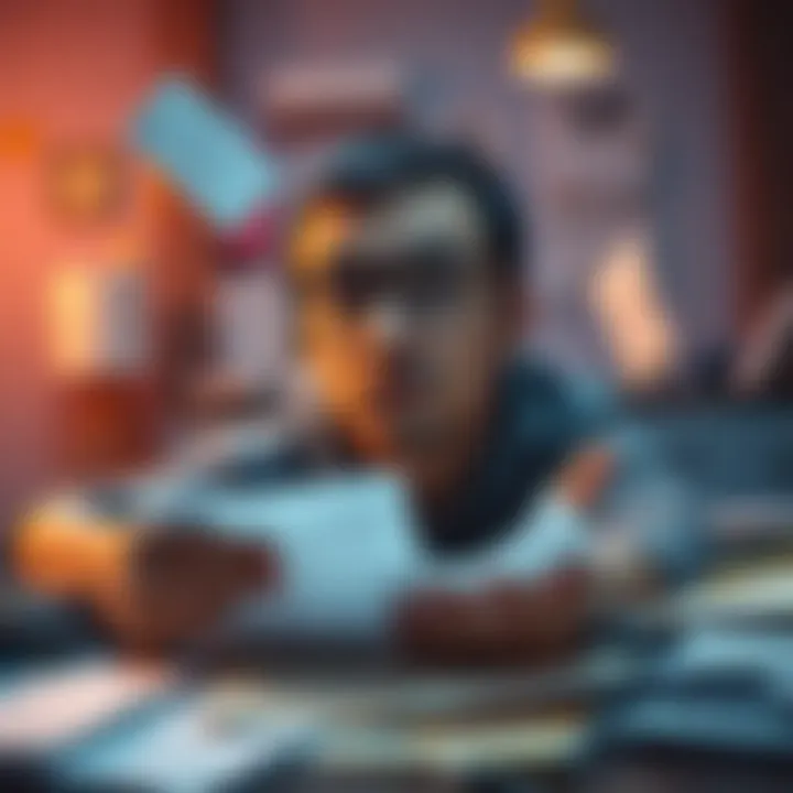 A frustrated user surrounded by paperwork and unanswered emails about KYC verification delays