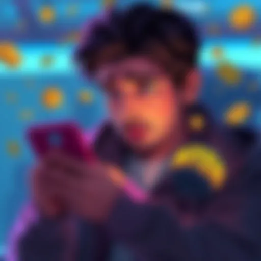 A person looking worried while checking their bank app, frustrated about blocked funds on Binance, surrounded by money symbols