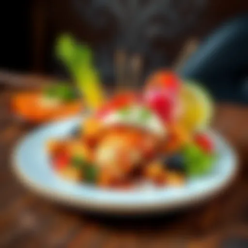 A colorful plate showcasing an unusual fusion dish with mixed ingredients, garnished and ready to serve, evoking laughter and curiosity.