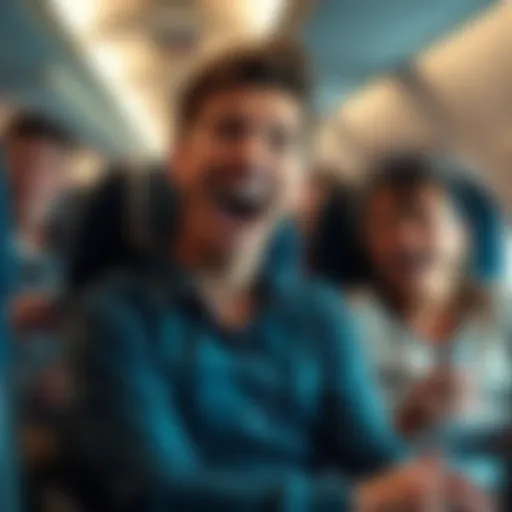 A collage of funny moments on an aircraft, showing passengers laughing and unusual behaviors during a flight.