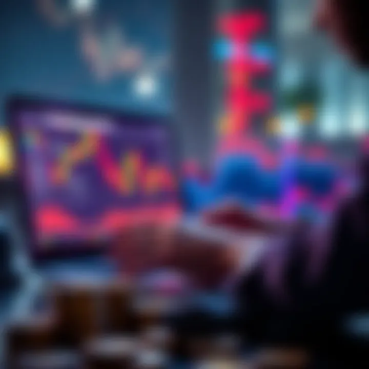 A person analyzing cryptocurrency charts and trends on a laptop with coins in the foreground