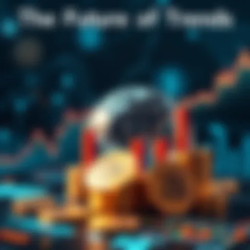 A digital graphic showing financial symbols like graphs, coins, and a globe, representing new finance technologies and innovations.