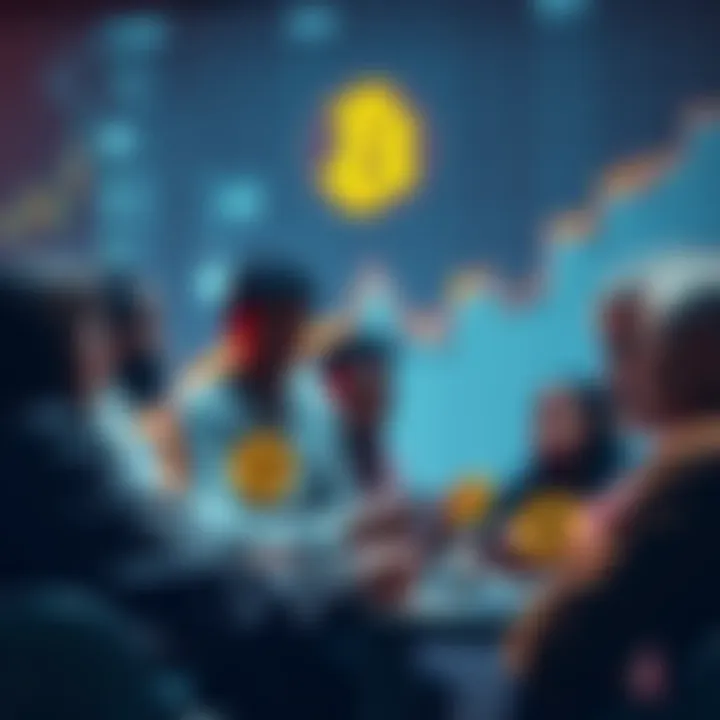 A group of diverse people discussing cryptocurrency trends with charts and graphs in the background.