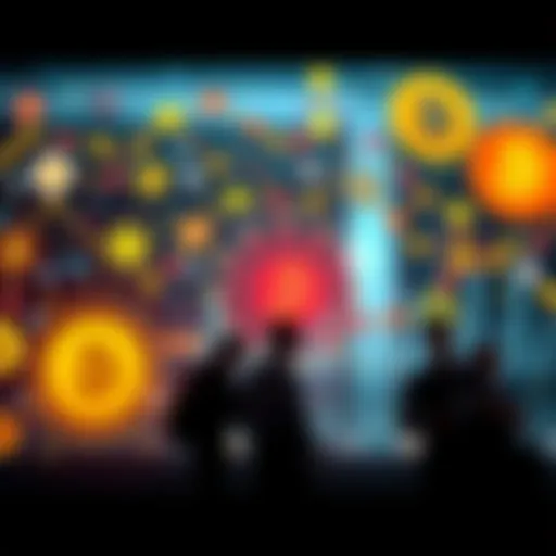 A collage of symbols representing digital currencies like bitcoin and blockchain technology, with people discussing in the background.