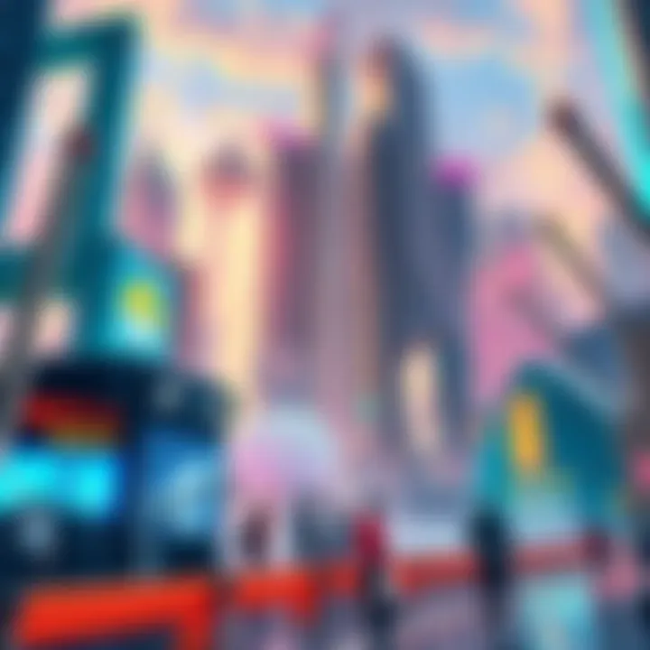 A vibrant city scene depicting futuristic buildings and technologies, with people engaging in creative activities while a nostalgic reference to past music is visible.
