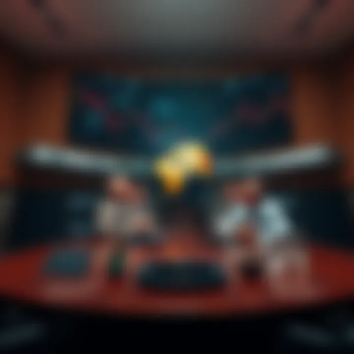 G7 leaders in a meeting room discussing emergency oil reserves, with a globe and digital charts showing oil prices and cryptocurrency trends in the background.