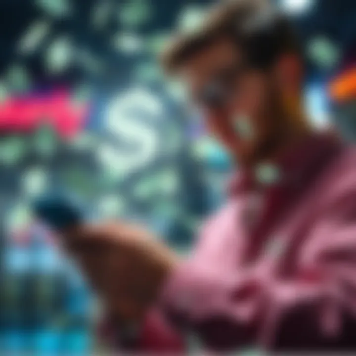 A person reviewing online gambling transactions on a smartphone, with money symbols in the background.