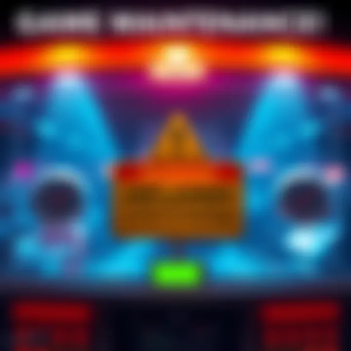 A warning sign showing that the game is temporarily unavailable due to maintenance, with clocks indicating the downtime.