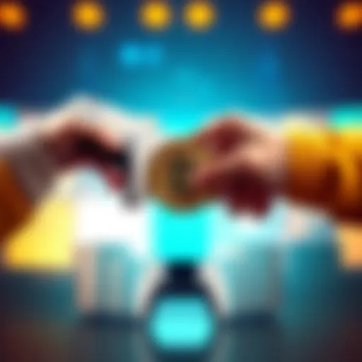 A gamer handing over a PS5 console while receiving Bitcoin in exchange, symbolizing the shift towards cryptocurrency investment.