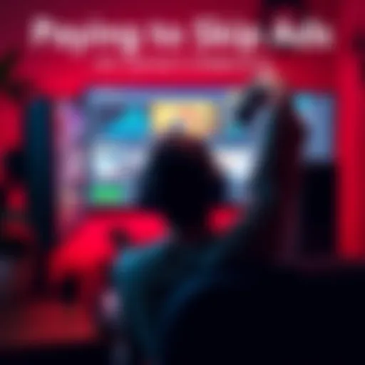 Gamer sitting in front of a computer screen showing ads in a game, looking frustrated and considering a $5 payment to skip them