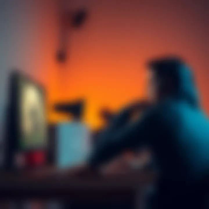 Player reflecting on their gaming performance A gamer sits at a desk, looking thoughtful while playing a video game. They appear to be considering their own skills instead of pointing fingers at teammates. The screen shows a typical gaming interf...