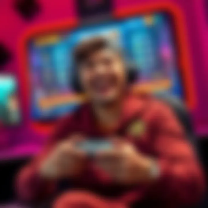 A dedicated gamer smiling while holding a gaming controller, with a display showing rewards and badges on the screen behind them.