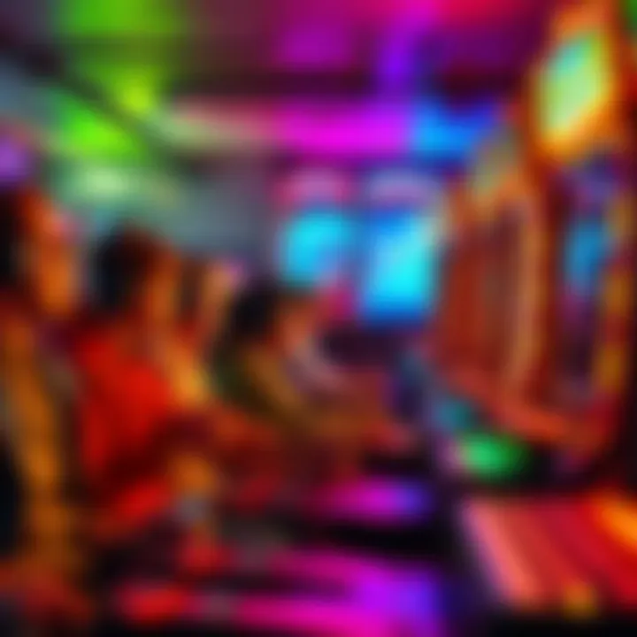 A group of gamers enjoying arcade games after completing their monthly challenges, showcasing different game strategies.