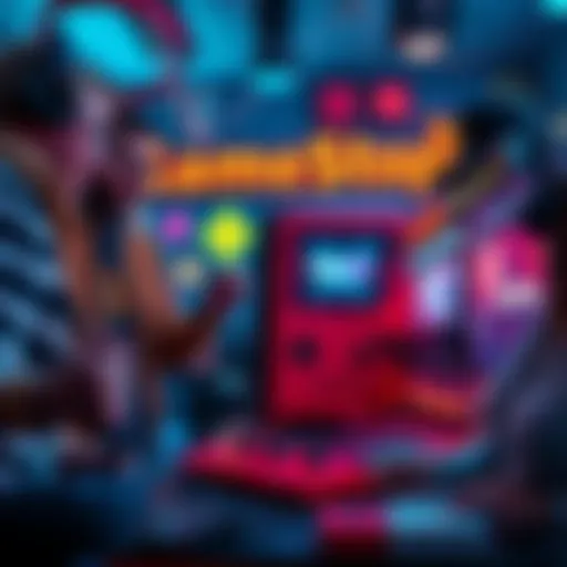 A group of enthusiastic gamers discussing Gameboy cartridges and blockchain technology in a vibrant setting.