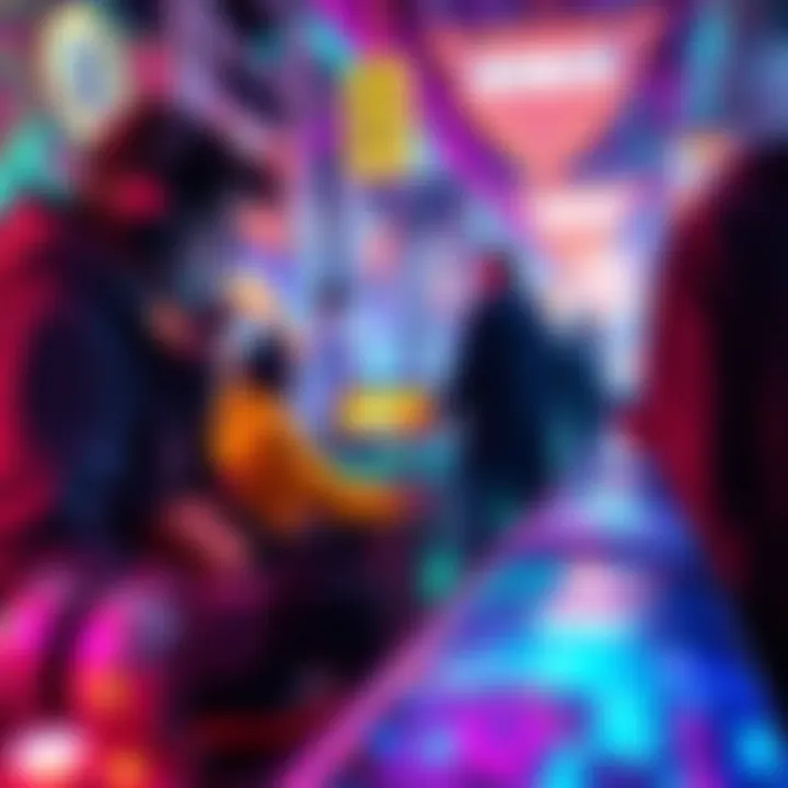 A vibrant scene showing people engaged in gaming while interacting with blockchain elements, highlighting the connection between gaming and real-world activities.